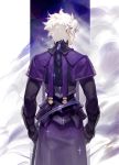 1boy armor capelet chiizu_namasu cowboy_shot fate/grand_order fate_(series) from_behind galahad_(fate) highres long_sleeves male_focus short_hair simple_background solo sparkle standing upper_body white_hair 