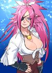  1girl ahoge alternate_costume alternate_hairstyle arabagi blue_eyes breasts cleavage eyepatch facial_scar fate/extra fate/grand_order fate_(series) francis_drake_(fate) hand_on_hip jewelry large_breasts long_hair looking_at_viewer necklace pink_hair scar solo very_long_hair 