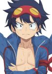  1boy arm_ribbon atsuyah0310 bangs black_hair blue_jacket closed_mouth collarbone commentary_request crossed_arms fingernails goggles goggles_on_head green_eyes jacket long_sleeves looking_at_viewer male_focus popped_collar red_ribbon ribbon simon solo tengen_toppa_gurren_lagann v-shaped_eyebrows 
