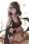  1girl bag bangs black_gloves blush breasts brown_hair bug butterfly butterfly_hair_ornament collarbone dress eyebrows_visible_through_hair girls_frontline gloves hair_ornament heterochromia highres insect jacket jacket_removed long_hair looking_at_viewer medium_breasts qb_516 red_eyes ribbon ro635_(girls_frontline) solo white_background yellow_eyes yellow_ribbon 