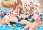  3girls ass bangs beach bikini blonde_hair blue_bikini blue_eyes blunt_bangs brown_eyes brown_hair denim denim_shorts fang frilled_bikini frills grecale_(kantai_collection) green_eyes halter_top halterneck highres innertube kantai_collection libeccio_(kantai_collection) long_hair looking_at_viewer lying maestrale_(kantai_collection) mizuki_eiru_(akagi_kurage) multiple_girls on_side on_stomach one-piece_tan one_side_up open_fly open_mouth pink_bikini sand shallow_water short_shorts shorts side_ponytail silver_hair smile spread_legs swimsuit symbol_commentary tan tanline twintails water waves wavy_hair wet white_bikini 