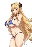  1girl bangs bare_shoulders bikini blonde_hair blue_eyes blunt_bangs breasts choker cleavage cowboy_shot draph eyebrows_visible_through_hair granblue_fantasy highres horns houtengeki large_breasts light_blush long_hair looking_at_viewer midriff navel pointy_ears rastina simple_background sleeveless solo stomach swimsuit very_long_hair white_background 