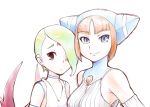  2girls animal_ears animal_hood blue_eyes breasts breath_of_fire breath_of_fire_v cat_ears cat_hood closed_mouth green_hair highres hood lin_(breath_of_fire) looking_at_viewer multiple_girls nina_(breath_of_fire_v) orange_hair red_wings short_hair simple_background smile tattoo ueyama_michirou white_background wings 