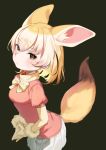  1girl absurdres animal_ears black_background blonde_hair bow bowtie commentary cowboy_shot fennec_(kemono_friends) fingers_together fox_ears fox_girl fox_tail fur-trimmed_gloves fur_trim gloves highres kemono_friends looking_at_viewer pleated_skirt short_hair simple_background skirt solo steepled_fingers tail useq1067 white_skirt yellow_eyes yellow_neckwear 