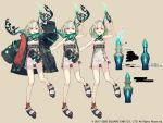  1girl :d belt bottle breasts character_sheet commentary_request full_body green_hair highres horns ji_no little_match_girl_(sinoalice) looking_at_viewer molotov_cocktail official_art open_mouth oversized_clothes platform_footwear red_eyes scarf single_horn sinoalice sleeves_past_wrists small_breasts smile square_enix translation_request upper_teeth 