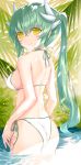  1girl alternate_costume alternate_hairstyle aqua_hair ass bikini breasts dragon_girl dragon_horns fate/grand_order fate_(series) highres horns kiyohime_(fate/grand_order) long_hair medium_breasts morizono_shiki multiple_horns partially_submerged ponytail side-tie_bikini solo standing string_bikini swimsuit wading water white_bikini yellow_eyes 