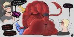  anal anal_masturbation anus balls demon devil_mask_(mskah) dialogue dildo english_text genitals human male mammal masturbation mskah muscular muscular_male red_body sex_toy size_difference spade_tail text 