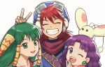 1boy 2girls blue_eyes earrings feena_(grandia) gloves grandia grandia_i green_eyes green_hair hair_tubes hat jewelry justin_(grandia) long_hair looking_at_viewer multiple_girls necklace open_mouth purple_hair simple_background smile sue_(grandia) white_background yuko666 