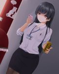  1girl against_wall alternate_hairstyle bangs black_hair black_legwear black_skirt blunt_bangs breast_pocket breasts can canned_coffee cellphone character_name coffee collar collarbone collared_shirt dress_shirt english_text eyebrows_visible_through_hair hair_down highres holding holding_can holding_phone idolmaster idolmaster_shiny_colors lanyard long_hair mayuzumi_fuyuko moriyama_a nail_polish name_tag pantyhose pen pencil_skirt phone pocket red_eyes screen_light shirt skirt sleeves_rolled_up small_breasts smartphone solo trash_can vending_machine white_collar white_shirt 