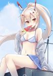  1girl ayanami_(azur_lane) azur_lane bangs bare_shoulders bikini bikini_top bikini_under_clothes blonde_hair blue_bikini blue_sky blush breasts cleavage cloud cloudy_sky collarbone day eyebrows_visible_through_hair food fruit grey_hoodie hair_between_eyes hair_ornament hairclip headgear highres holding holding_food hood hooded_jacket ice_cream jacket john_manjirou_(love-love-happy21) licking long_hair looking_at_viewer machinery md5_mismatch midriff miniskirt navel off_shoulder open_clothes open_jacket orange_eyes outdoors pleated_skirt ponytail popsicle retrofit_(azur_lane) revision sailor_collar silver_hair sitting skirt sky solo swimsuit tongue tongue_out watermelon wind 