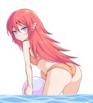  1girl ass ball beachball bikini blue_eyes blush breasts closed_mouth cougar1404 earrings jewelry long_hair looking_at_viewer orange_bikini partially_submerged pointy_ears red_hair rune_factory rune_factory_3 simple_background solo swimsuit toona white_background 