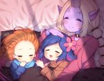  3girls :d blue_hair blush braid chiico_1111 choker closed_eyes flower hair_flower hair_ornament highres holding_hands horns league_of_legends long_sleeves multiple_girls neeko_(league_of_legends) night open_mouth orange_hair pillow pointy_ears ponytail purple_skin short_hair sidelocks single_horn sleeping smile soraka under_covers white_hair zoe_(league_of_legends) zzz 