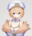  1girl absurdres bare_shoulders blanc blue_eyes blush brown_hair buran_buta coat dress flat_chest fur-trimmed_coat fur_trim hair_between_eyes highres looking_at_viewer neptune_(series) ribbon short_hair simple_background solo spaghetti_strap white_background white_coat white_dress white_ribbon 