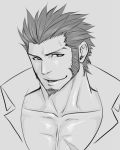 1boy beard chest close-up collar face facial_hair fate/grand_order fate_(series) goatee greyscale looking_at_viewer male_focus monochrome muscle napoleon_bonaparte_(fate/grand_order) open_clothes open_shirt pectorals porkjinta scar sideburns smile solo unbuttoned 