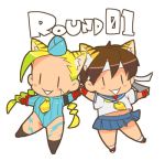  2girls :&gt; ahoge animal_ears blonde_hair blue_leotard blue_sailor_collar braid cammy_white capcom chibi english_text garrison_cap hat headband holding_hands huge_ahoge kasugano_sakura leotard lowres multiple_girls nanboku sailor_collar school_uniform serafuku smile street_fighter street_fighter_zero_(series) tiger_ears twin_braids |_| 