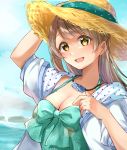  1girl :d absurdres adjusting_headwear arm_up bangs blunt_bangs bow breasts brown_hair cleavage eyebrows_visible_through_hair floral_print flower green_bow green_swimsuit halterneck hat highres jewelry long_hair looking_at_viewer love_live! love_live!_school_idol_project medium_breasts minami_kotori necklace open_mouth shirt sidelocks smile solo sun_hat swimsuit tongue upper_body upper_teeth white_shirt yellow_eyes yoshinon_(yoshinon_kotori) 