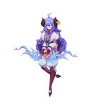  curled_horns flower hair_between_eyes hair_flower hair_ornament highres horns kindred lamb_(league_of_legends) long_hair official_art purple_hair sheep_girl smile source_request white_fur 