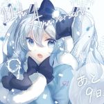  1girl 9 anniversary blue_bow blue_coat blue_mittens bow bowtie coat commentary earmuffs fur-trimmed_coat fur_coat fur_trim hair_bow hair_ornament hatsune_miku holding jewelry light_blue_eyes light_blue_hair long_hair looking_away mittens number open_mouth snowflake_background snowflakes solo twintails upper_body very_long_hair vocaloid yamiluna39 yuki_miku yuki_miku_(2012) 