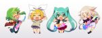  &gt;_&lt; 4girls :d :o ;d aqua_eyes aqua_hair black_choker blonde_hair bow braid chibi choker closed_eyes drumsticks eyebrows_visible_through_hair fang full_body glasses gradient gradient_background green_eyes green_hair guitar gumi hair_bow hatsune_miku highres holding holding_instrument ia_(vocaloid) instrument jacket jewelry jumping kagamine_rin long_hair matsuda_toki multiple_girls one_eye_closed open_clothes open_jacket open_mouth outstretched_arms overalls pendant pointing pointing_at_viewer purple_shirt purple_skirt reaching_out red-framed_eyewear red_jacket red_skirt shirt short_shorts shorts side_braid sidelocks skin_fang skirt smile t-shirt twin_braids twintails vocaloid white_bow white_hair xo 