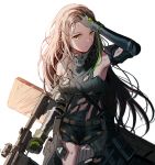 1girl arm_guards assault_rifle bad_id bad_twitter_id brown_hair commentary cowboy_shot girls_frontline green_hair green_sweater gun hand_in_hair headphones holding holding_gun holding_weapon long_hair looking_at_viewer m4_carbine m4a1_(girls_frontline) mod3_(girls_frontline) multicolored_hair rifle silence_girl skull_print solo streaked_hair sweater torn_clothes weapon white_background yellow_eyes 
