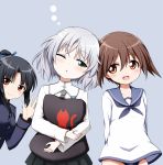  3girls :d ;o arms_behind_back bangs black_hair black_skirt blue_background blue_jacket blue_neckwear blue_ribbon blue_sailor_collar blush breasts brown_eyes brown_hair character_request closed_mouth eila_ilmatar_juutilainen eyebrows_visible_through_hair green_eyes hair_between_eyes hair_ribbon half-closed_eye hand_up highres jacket kuena long_sleeves medium_breasts miyafuji_yoshika multiple_girls neckerchief one_eye_closed open_mouth parted_bangs parted_lips pillow pillow_hug pleated_skirt ponytail red_eyes ribbon sailor_collar shirt short_sleeves silver_hair simple_background skirt sleepy smile strike_witches white_shirt world_witches_series 