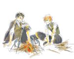  2boys brown_hair fire firewood fish jacket jacket_on_shoulders kobutya4696 larten_crepsley male_focus multiple_boys open_clothes open_jacket red_hair roasting short_hair sitting smile the_saga_of_darren_shan the_saga_of_larten_crepsley vest wester_flack younger 