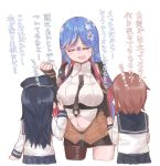  3girls akatsuki_(kantai_collection) az_toride black_neckwear black_skirt blue_hair breasts brown_hair clenched_hand closed_eyes cropped_legs eyebrows_visible_through_hair ikazuchi_(kantai_collection) kantai_collection large_breasts long_hair long_sleeves multicolored_hair multiple_girls navel necktie open_mouth pleated_skirt purple_hair red_hair school_uniform serafuku shirt short_hair sidelocks simple_background skirt sleeveless sleeveless_shirt south_dakota_(kantai_collection) star_(symbol) star_print translation_request white_background white_hair white_shirt 