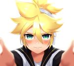  1boy aqua_eyes black_collar blonde_hair blush collar commentary ei_flow english_commentary headphones highres kagamine_len male_focus reaching_out sailor_collar spiked_hair upper_body v-shaped_eyebrows vocaloid white_background 