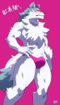 absurd_res anthro blush brand_new_animal bulge canid canine canis chest_tuft clothing fur grey_body grey_eyes grey_fur hi_res male mammal muscular muscular_anthro muscular_male pink_background shirou_ogami signature simple_background solo studio_trigger subaru_aotk text tight_underwear translation_request tuft underwear white_body white_fur wolf 