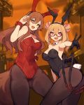  2girls animal_ears bare_arms bare_shoulders black_gloves black_legwear blonde_hair breasts bunny_ears bunny_tail bunnysuit collarbone glasses gloves hair_bun insect_girl lansane long_hair medium_breasts monster_girl multiple_girls navel open_mouth original pantyhose pink_eyes short_hair smile spider_girl tail thick_thighs thighs tsana_(lansane) yellow_eyes 