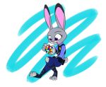  abstract_background anthro clothing dipstick_ears disney female holding_object judy_hopps lagomorph leporid mammal multicolored_ears police_uniform purple_eyes rabbit solo theblueberrycarrots toeless_legwear tongue tongue_out uniform zootopia 