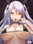  1girl antenna_hair azur_lane bangs bikini black_bikini black_choker black_ribbon blush breasts brown_eyes choker collarbone commentary_request dated earrings eyebrows_visible_through_hair flag_print german_flag_bikini grey_background hair_ribbon heart heavy_breathing hiruno iron_cross jewelry large_breasts long_hair looking_at_viewer mole mole_on_breast multicolored_hair prinz_eugen_(azur_lane) prinz_eugen_(unfading_smile)_(azur_lane) pulled_by_self red_hair ribbon shiny shiny_skin signature silver_hair simple_background smile solo strap_pull streaked_hair sweat swept_bangs swimsuit two_side_up 