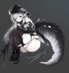  1girl ahoge arknights ass bangs bare_shoulders black_footwear black_legwear boots commentary_request crocodilian_tail eyebrows_visible_through_hair grey_background grey_eyes hood large_tail long_hair long_sleeves looking_at_viewer pointy_ears silver_hair simple_background solo tail thick_thighs thighhighs thighs tomimi_(arknights) torn_clothes torn_legwear yuzuruka_(bougainvillea) 