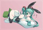  amasa_mitsunaru animal_ears aqua_eyes aqua_hair aqua_nails ass bare_shoulders black_legwear bottomless bunny_ears detached_sleeves fake_animal_ears hair_ornament hatsune_miku headset long_hair lying nail_polish necktie on_stomach panties panties_around_one_leg pillow solo speaker spring_onion striped striped_panties tears themed_object thighhighs twintails underwear vocaloid 