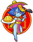  1girl blue_skin breasts capcom chibi china_dress chinese_clothes cleavage cleavage_cutout dress food fried_rice full_body hat jiangshi ladle leg_up lei_lei looking_at_viewer nanboku pelvic_curtain qing_guanmao smile solo vampire_(game) 