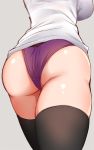  1girl ass black_legwear breasts from_below grey_background head_out_of_frame highres large_breasts lower_body moruta_(sunu-pio) no_panties original panties pantyshot purple_panties shiny shiny_skin shirt simple_background solo thighhighs thighs underwear white_shirt 