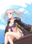  1girl bikini blue_sky breasts brown_eyes cleavage closed_mouth cloud crossed_legs fire_emblem fire_emblem_awakening fire_emblem_heroes highres jewelry necklace o-ring o-ring_bikini robin_(fire_emblem) robin_(fire_emblem)_(female) sitting sky solo spiffydc swimsuit twintails twitter_username white_hair 