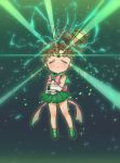  +1_(yakusoku0722) 1girl back_bow bishoujo_senshi_sailor_moon bow brown_hair chibi closed_eyes commentary cross-laced_footwear crossed_arms earrings elbow_gloves electricity facing_viewer floating flower_earrings gloves green_background green_footwear green_sailor_collar green_skirt green_theme heart highres jewelry kino_makoto large_bow leaf leotard light_rays long_hair magical_girl miniskirt parted_lips pink_bow pleated_skirt ponytail sailor_collar sailor_jupiter shoes skirt solo sparkle tiara white_gloves white_leotard 