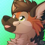  1:1 anthro black_nose brown_hair canid canine chest_tuft dotted_background green_background green_eyes hair headshot_portrait icon looking_up low_res male mammal nowandlater pattern_background portrait signature simple_background solo tongue tongue_out tuft 