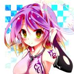  +_+ 1girl alternate_hair_length alternate_hairstyle armpits bangs bare_shoulders blush breasts bridal_gauntlets checkered checkered_background collarbone commentary_request crop_top eyebrows_visible_through_hair gloves glowing glowing_eyes gradient_hair hair_between_eyes halo hand_up highres jibril_(no_game_no_life) large_breasts looking_at_viewer mii_aki multicolored multicolored_eyes multicolored_hair no_game_no_life pink_hair pink_shirt shirt short_hair shoulder_tattoo sideboob sidelocks sleeveless sleeveless_shirt smile solo symbol-shaped_pupils tattoo torn_clothes torn_gloves upper_body wing_ears yellow_eyes 