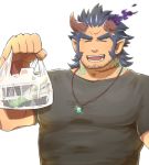  1boy bag bara brown_hair chest dark_blue_hair facial_hair fang horns jewelry male_focus manly muscle necklace scar shopping_bag simple_background solo takemaru_(tokyo_houkago_summoners) thick_eyebrows tokyo_houkago_summoners upper_body yanutorie 