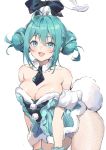  1girl alternate_breast_size blue_eyes blue_hair breasts bunny_tail bunnysuit cleavage detached_collar double_bun fishnets hatsune_miku mamemena mini_necktie smile solo tail vocaloid 