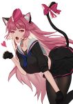  1girl :o android animal_ear_fluff animal_ears black_gloves black_legwear black_serafuku black_skirt blue_neckwear blush cat_ears cat_tail dutch_angle fangs garrison_cap girls_frontline gloves hat heart highres long_hair looking_at_viewer microphone neckerchief ntw-20_(girls_frontline) open_mouth pantyhose paw_pose pink_hair pink_ribbon pleated_skirt red_eyes ribbon sailor_collar school_uniform serafuku simple_background skirt slit_pupils sobi_(dnenqkswja) solo tail tail_ribbon very_long_hair white_background 