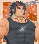  1boy bara brown_hair chest dark_blue_hair facial_hair fang horns looking_at_viewer male_focus manly muscle pectorals simple_background solo takemaru_(tokyo_houkago_summoners) tank_top thick_eyebrows tokyo_houkago_summoners upper_body yanutorie 