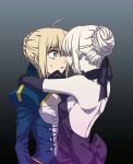  2girls ahoge arm_around_neck artoria_pendragon_(all) backless_dress backless_outfit bare_shoulders black_ribbon blue_ribbon braid breasts cleavage dress elbow_gloves fate/stay_night fate_(series) french_braid gloves gradient gradient_background green_eyes hand_on_another&#039;s_chin highres ishii_(wami5285) juliet_sleeves long_sleeves medium_breasts multiple_girls puffy_sleeves ribbon saber saber_alter sideboob yuri 
