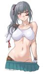  1girl absurdres alternate_breast_size android blush breasts grey_hair highres kantai_collection kasumi_(kantai_collection) long_hair medium_breasts missing_limb navel pleated_skirt red_eyes side_ponytail sidelocks skirt solo sozan 