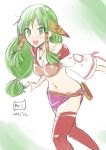  1girl 2014 bangle bracelet breasts clash_kuro_neko cleavage feena_(grandia) grandia grandia_i green_background green_eyes green_hair hair_ornament hair_tubes jewelry long_hair looking_at_viewer low-tied_long_hair midriff navel necklace open_mouth red_legwear simple_background skirt smile solo thighhighs torn_clothes torn_legwear white_background wide_sleeves 