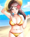  :d alternate_costume amagi_(kantai_collection) beach breasts brown_eyes brown_hair cleavage gold_bikini hair_ornament hat high_ponytail highres kantai_collection large_breasts leaf leaf_hair_ornament long_hair looking_at_viewer maple_leaf navel open_mouth smile straw_hat ushikura 