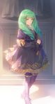  1girl blue_legwear boots bow closed_mouth fire_emblem fire_emblem:_three_houses flayn_(fire_emblem) garreg_mach_monastery_uniform green_eyes green_hair hair_ornament hakou_(barasensou) hands_clasped high_heel_boots high_heels highres long_hair long_sleeves own_hands_together solo uniform 