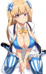 1girl apron bangs bikini bikini_top black_footwear blonde_hair blue_bikini blue_bow blue_eyes blush borrowed_character bow breastless_clothes breasts eyebrows_visible_through_hair frilled_apron frills hair_bow heart-shaped_buttons heart_button highres large_breasts lina_(michihasu) long_hair looking_at_viewer mary_janes miniskirt multicolored multicolored_eyes multicolored_nails original shoes short_sleeves simple_background sitting skirt solo striped striped_legwear swimsuit thighhighs twintails v_arms vertical-striped_bow vertical-striped_legwear vertical_stripes very_long_hair vright_leftv waist_apron waitress wariza white_apron white_background wrist_cuffs yellow_bow 